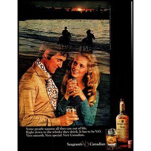 1970 Seagram's V.O. Canadian Whisky Vintage Print Ad Horseback Riding Wall Art